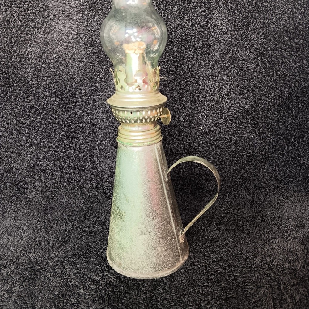 Small Silver Aluminum Oil Lamp with Glass Cone Shape with Handle NB - Picture 3 of 9